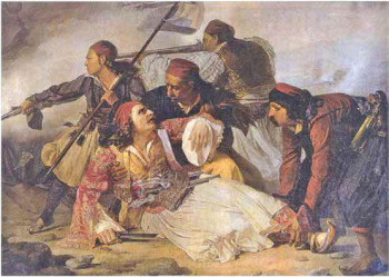 Mort de Markos Botzaris, lors de l’attaque du camp turc à Karpenisi, dans la nuit du 20 au 21 août 1823. (Peinture de Ludovico Lipparini)